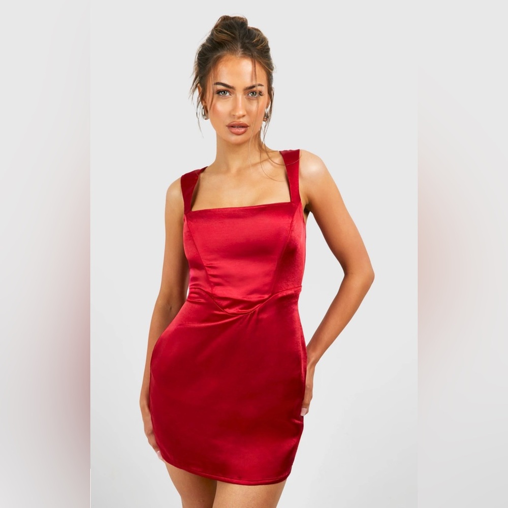 Boohoo Red Satin Strapless Square-Neck Mini Dress